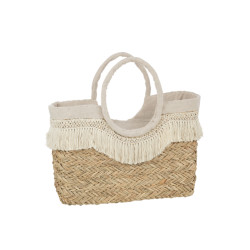 J-Line strandtas franjes gevlochten zeegras nat/creme 40x16x29cm