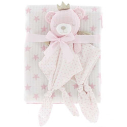 Unique Living blanket+cuddle cloth baby bear 100x75cm pink