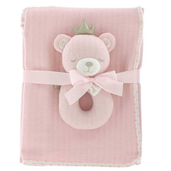 Unique Living blanket+rattle baby bear 100x75cm pink