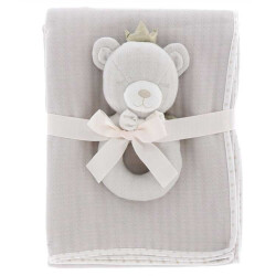 Unique Living blanket+rattle baby bear 100x75cm