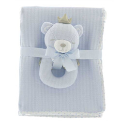 Unique Living blanket+rattle baby bear 100x75cm blue