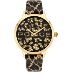 Police Leren horloge met gouden kast en quartz mechanisme