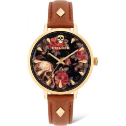 Police Brown leather watch met gouden roestvrijstalen kast