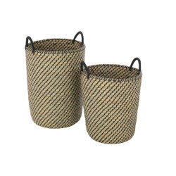 J-Line Mand rond handvatten stro naturel-zwart (2-delig)