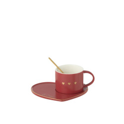 J-Line mok + bordje + lepel 3 hart keramiek 16x14.2x7.5cm