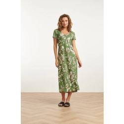 Smashed Lemon 25159 groene leaf print stretch midi jurk