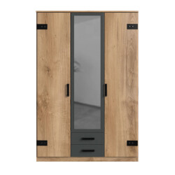CaliCosy Kast met 2 deuren, eikenhouten decor, 1 spiegeldeur en 2 laden h198 cm