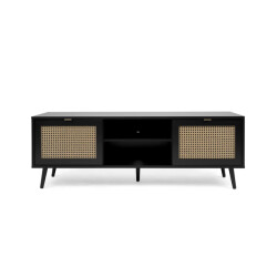 CaliCosy Tv-meubel met 2 deuren, 2 neerklapbare fronten, rotanprint en zwart villa -