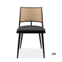 CaliCosy Set van 4 stoelen met natuurlijke vlechtwerk en zwart metalen frame l47 cm -