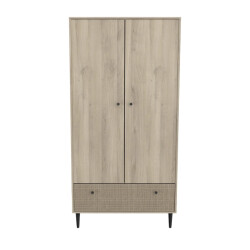 CaliCosy Kledingkast 2 deuren en 1 lade, eiken kronberg decor, rotan en mat zwart saïgon