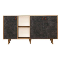 CaliCosy Buffet 3 deuren en 2 nissen in eiken en antracietgrijze steendecor l140 cm -