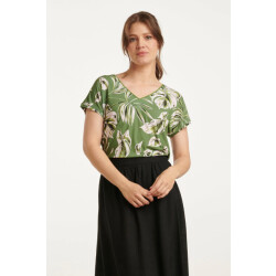 Smashed Lemon 25161 bladprint stretch top met v-hals | army-light