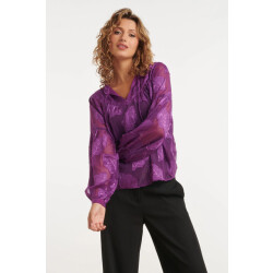 Smashed Lemon 24698 paarse chiffon jacquard v-hals top met bladmotief