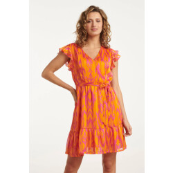 Smashed Lemon 25075 orange aztec print chiffon frilly jurk |