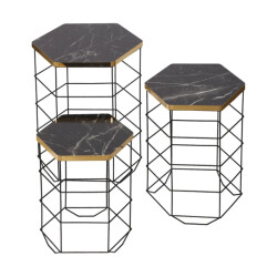 WDMT Metalen bijzettafel marmer look set van 3