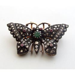 Christian Antieke vlinder broche met roosdiamant, robijn en smaragd
