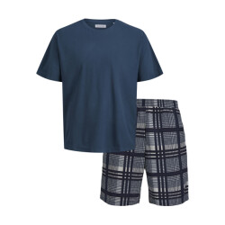 Jack & Jones Heren korte shortama pyjamaset jacmax ronde hals donkerblauw/geruit