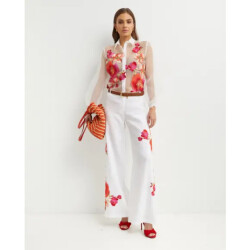 Raffaela D'Angelo Pantalone lino con applicazioni fiori color