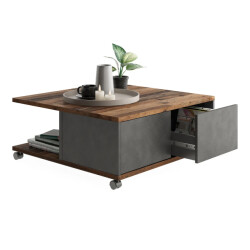 CaliCosy Salontafel op wielen 2 laden 2 vakken l70 cm twin