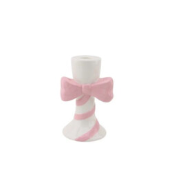 House Vitamin Candle holder stripes with bow dolomite white/pink 9x8x14cm