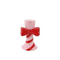 House Vitamin Candle holder stripes with bow dolomite pink/red 9x8x14cm