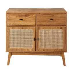 CaliCosy Commode met 2 deuren met rotan fronten, 2 lades en houten poten l90 cm