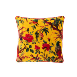 J-Line Cushion birds/flowers cotton velvet yellow