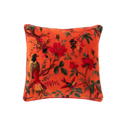 J-Line Cushion birds/flowers cotton velvet orange