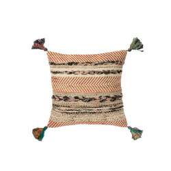 J-Line Cushion square braided chindi+tassels cotton cream/brown