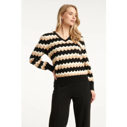 Smashed Lemon Zwart en zand zigzag gebreide dames top met v-hals |