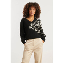 Smashed Lemon Zwart en offwhite bloemenprint met v-hals gebreide top |