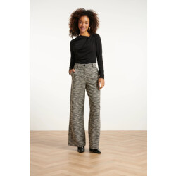 Smashed Lemon Losvallende zwart wit broek met wijde pijpen en tweedlook stof |