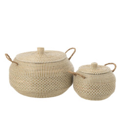 J-Line Set of 2 basket handles+lid seagrass/plastic natural/white