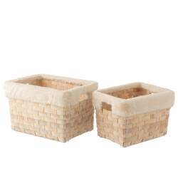 J-Line Set of 2 baskets rectangle+imitation fur rattan flat natural white wash