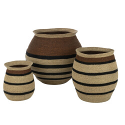 J-Line Set of 3 baskets round striped marie seagrass brown black