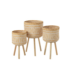 J-Line Set of 3 basket patterns 3 legs bamboo natural/white