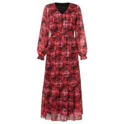 Smashed Lemon Lippenprint chiffon maxi jurk in rood en zwart |