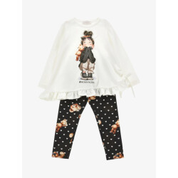 Monnalisa Meisjes set legging maxi t-shirt teddy panna nero