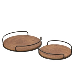 J-Line Set of 2 trays round mdf/iron natural/black