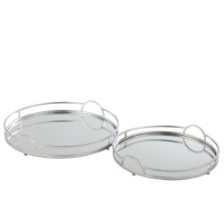 J-Line Set of 2 tray round mirror iron silver