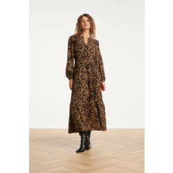 Smashed Lemon Chiffon dierenprint jurk met pofmouwen en v-hals in camel en bruin |