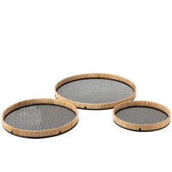 J-Line Set of 3 trays round metal/rattan black/natural