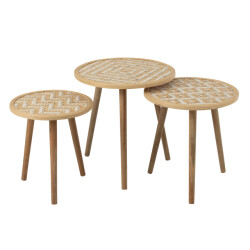 J-Line Set of 3 sidetable patterns 3 legs bamboo/wood natural/white