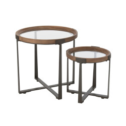 J-Line Set of 2 coffee tables mine glass/fir wood natural/black
