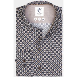R2 Amsterdam Casual hemd lange mouw navy beige print on poplin 130.wsp.063/010