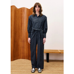 FRNCH Vigan jumpsuit gestreept schouderdetails en strikceintuur