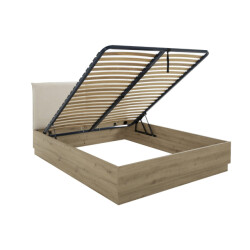 CaliCosy Opbergbed met hoofdbord in beige stof 160 x 200 cm eikendecor tidy