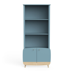 CaliCosy Bibliothèque 2 tablettes et 2 portes bleu orage et décor bois naturel h177 cm -