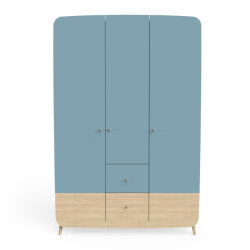 CaliCosy Armoire 3 portes et 4 tiroirs bleu orage et décor bois naturel firmiana
