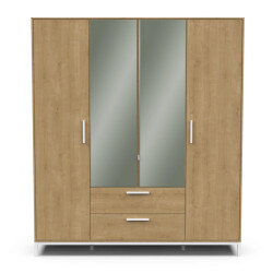 CaliCosy Armoire 4 portes ouvrantes, 2 miroirs et 2 tiroirs décor chêne et blanc mat h220
